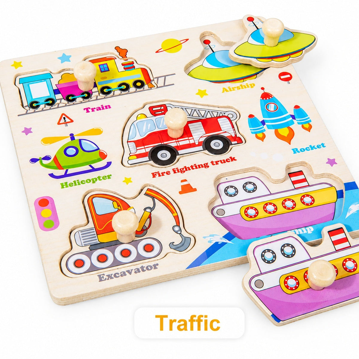 Wooden hand-grip peg puzzle board, Traffic theme with train, fire truck, helicopter, rocket and excavator pieces