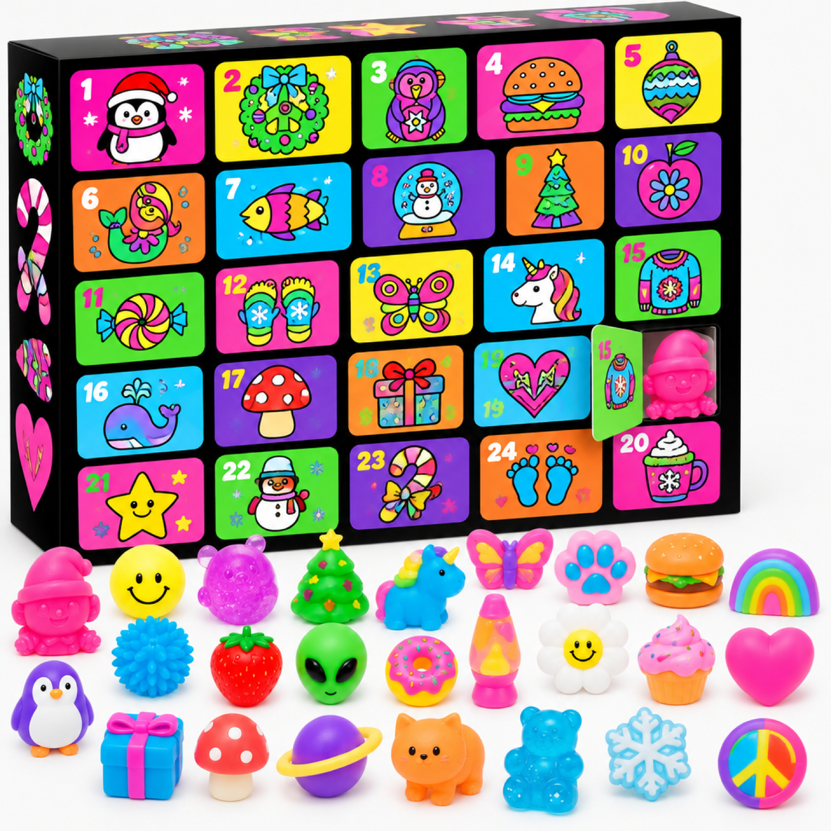 Boîte du calendrier de l'Avent Squishy avec 24 portes numérotées et une rangée de jouets squishy assortis, photo studio