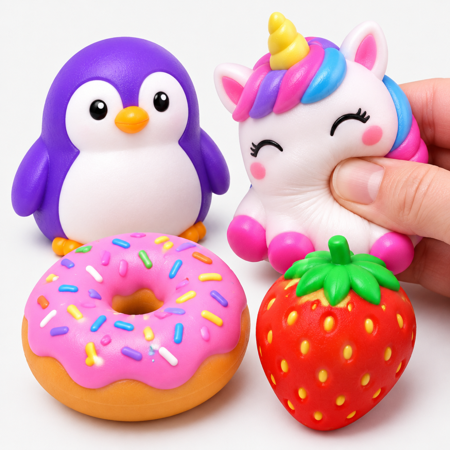 Close-up of soft squishy toy texture, fingers gently squeezing a unicorn squishy figure