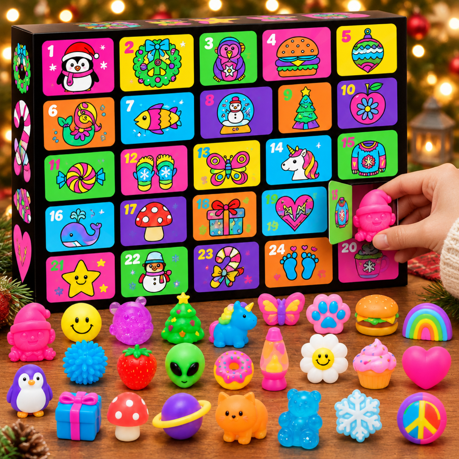 Hand opening a numbered door on the advent calendar to reveal a surprise squishy toy inside