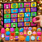 Hand opening a numbered door on the advent calendar to reveal a surprise squishy toy inside