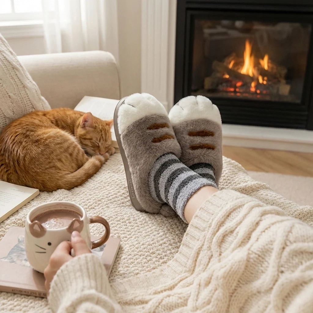 Slippers for Women - Cat Paw Plush Fleece House Slippers