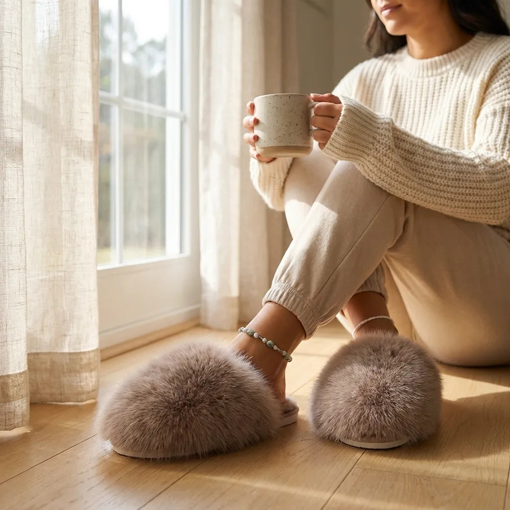Ladies Slippers - Fluffy Faux Fur House Slippers