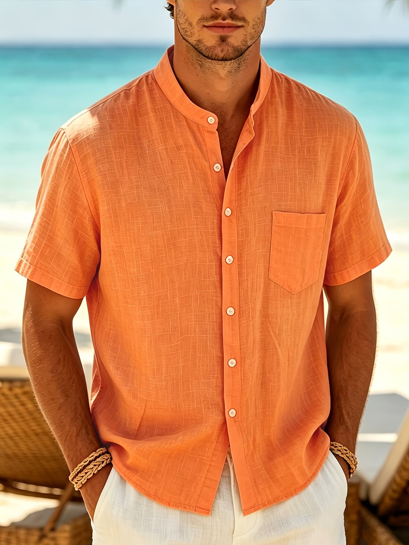Men's Linen Shirt with Stand Collar and Short Sleeves