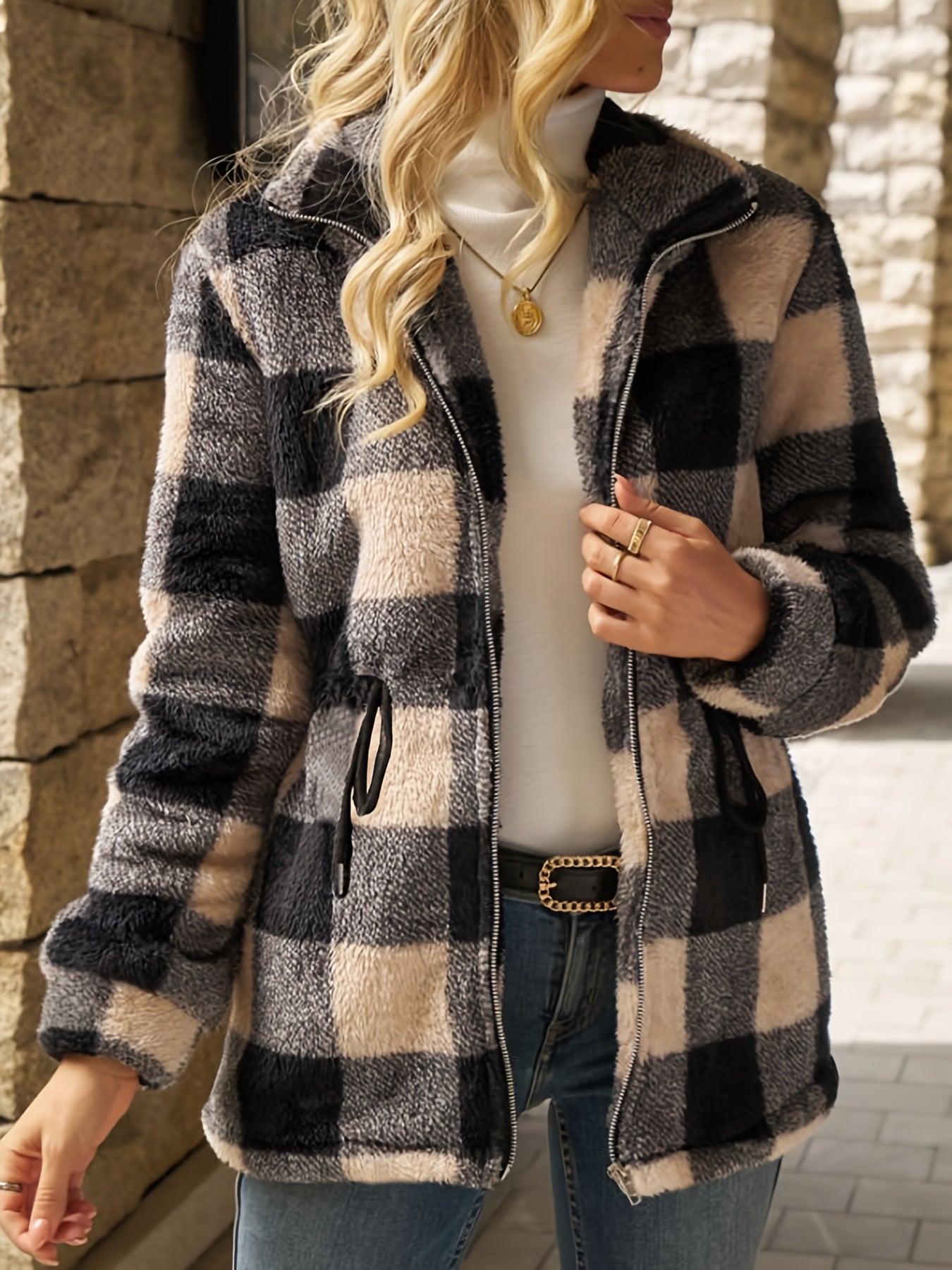 Euphemia™ | Women's Checked Plush Hooded Zip Jacket