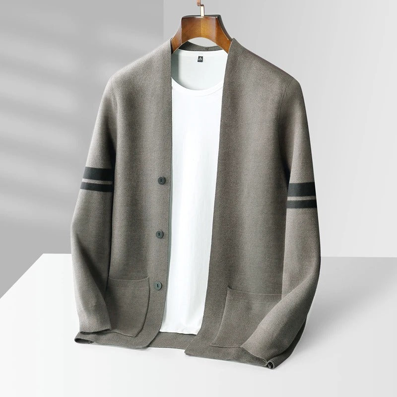 Women's Merino Wool Cardigan with Sleeve Stripes