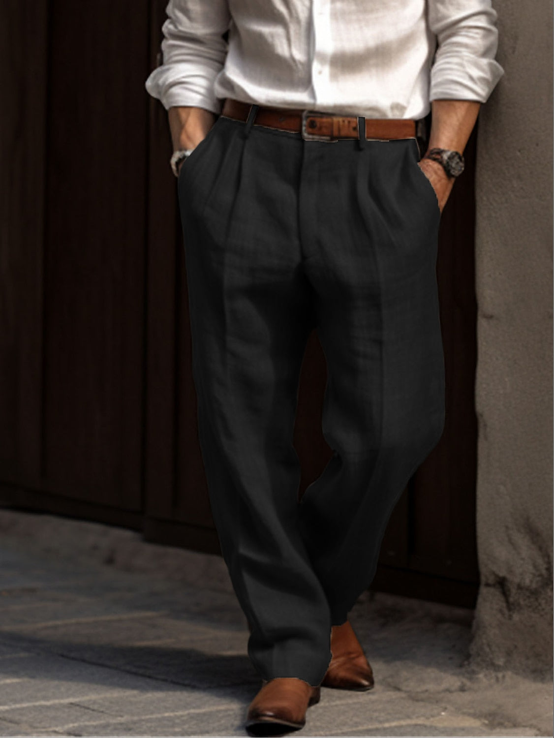 Men's Linen Blend Trousers - Breathable Relaxed Fit Casual Pants
