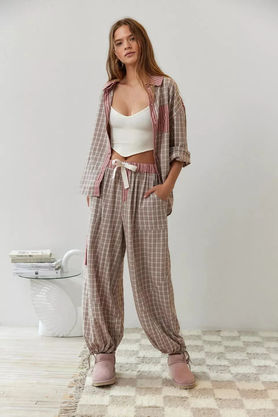 Women's Loungewear Pyjama Set with Button Top and Drawstring Trousers