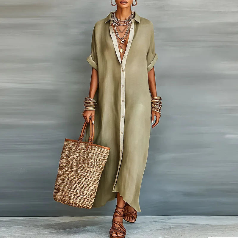 Women's Button Down Maxi Shirt Dress with Collar