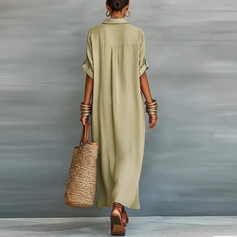 Women's Button Down Maxi Shirt Dress with Collar