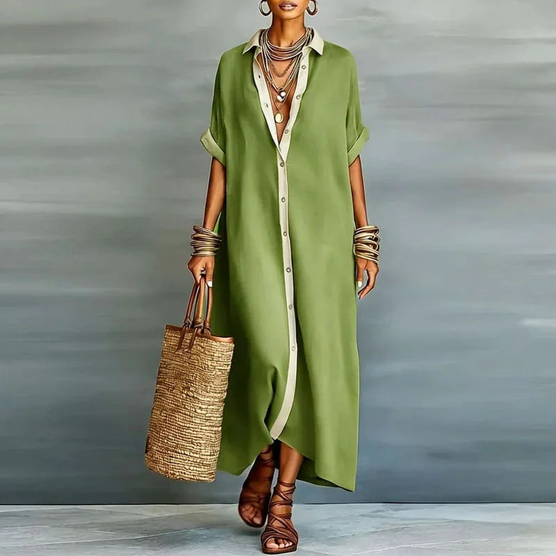 Women's Button Down Maxi Shirt Dress with Collar