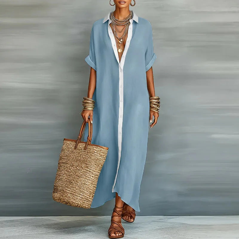 Women's Button Down Maxi Shirt Dress with Collar