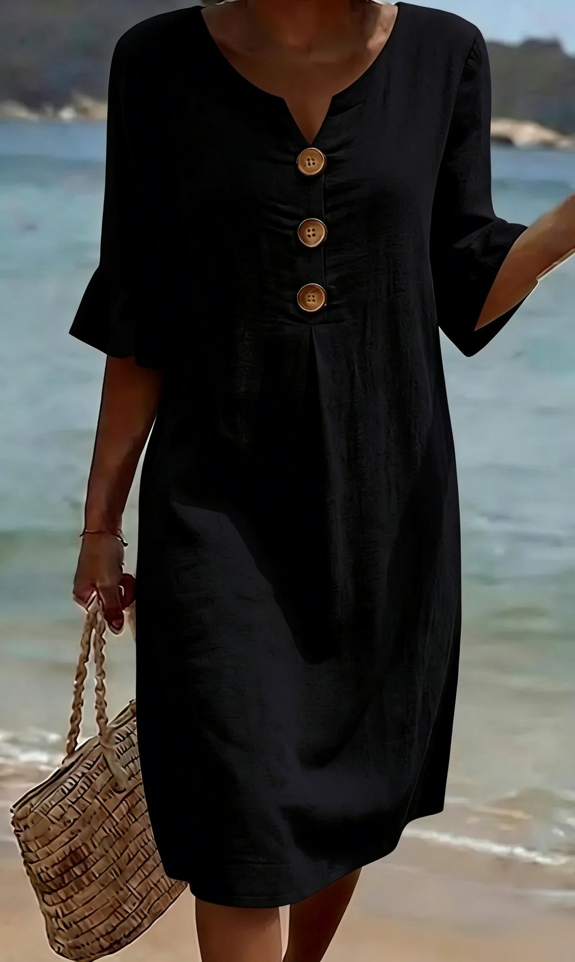 Women's Loose-Fit Button-Front Dress with Flowing Sleeves