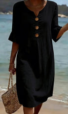 Women's Loose-Fit Button-Front Dress with Flowing Sleeves