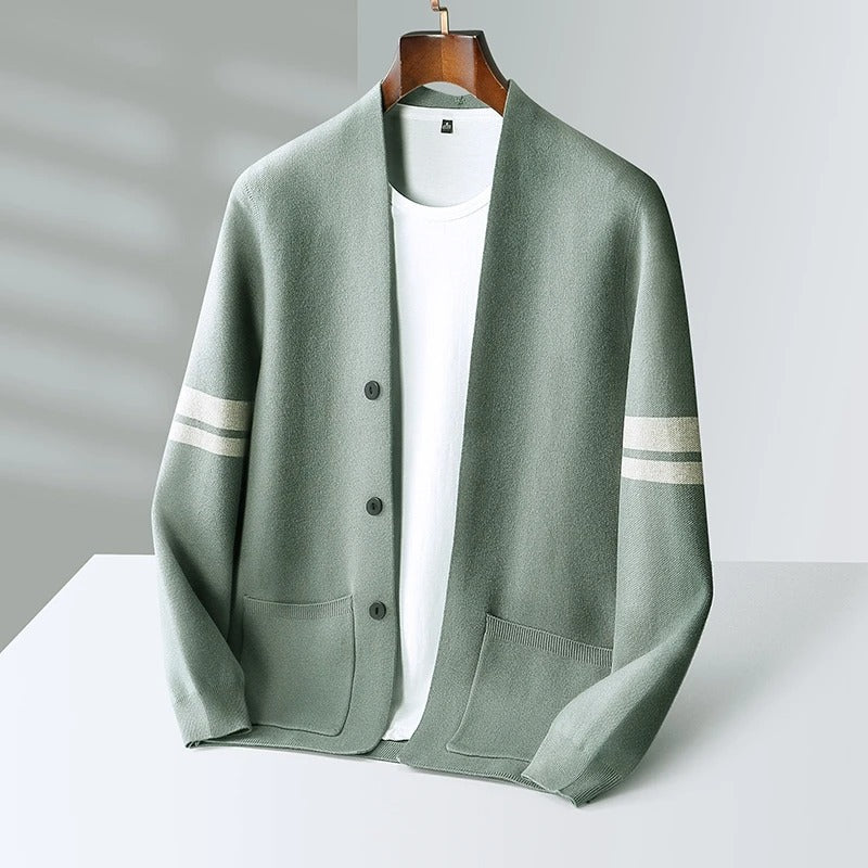 Women's Merino Wool Cardigan with Sleeve Stripes
