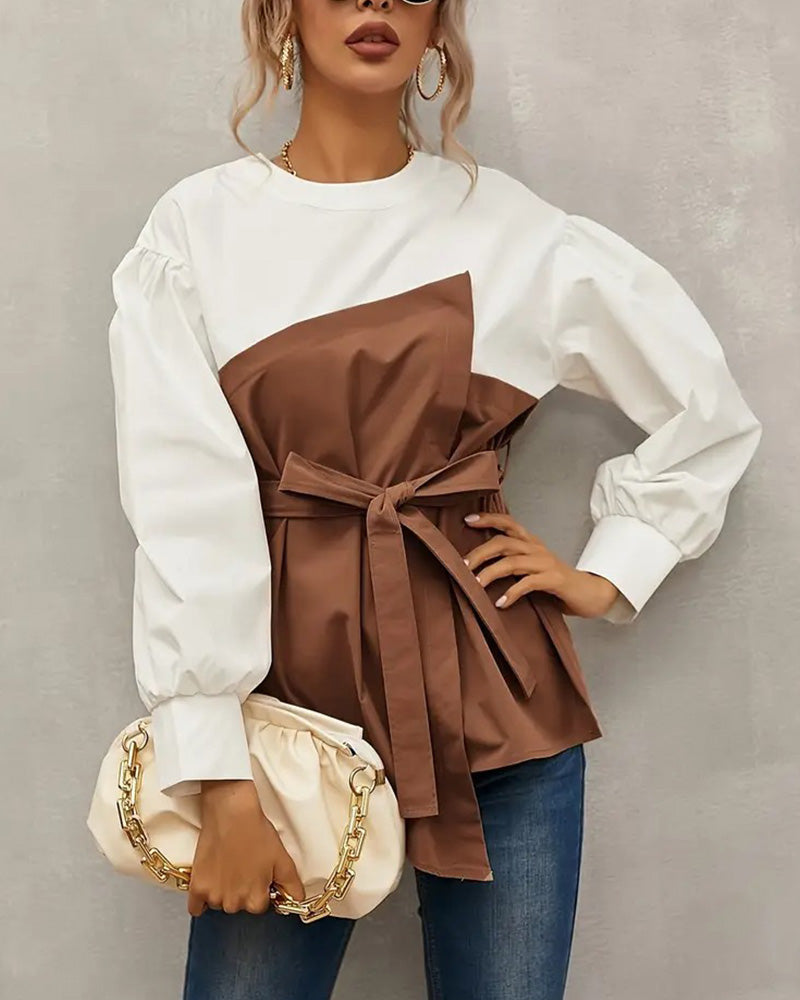 Chique Blouse | Damesblouse met Lantaarnmouwen en Ronde Hals