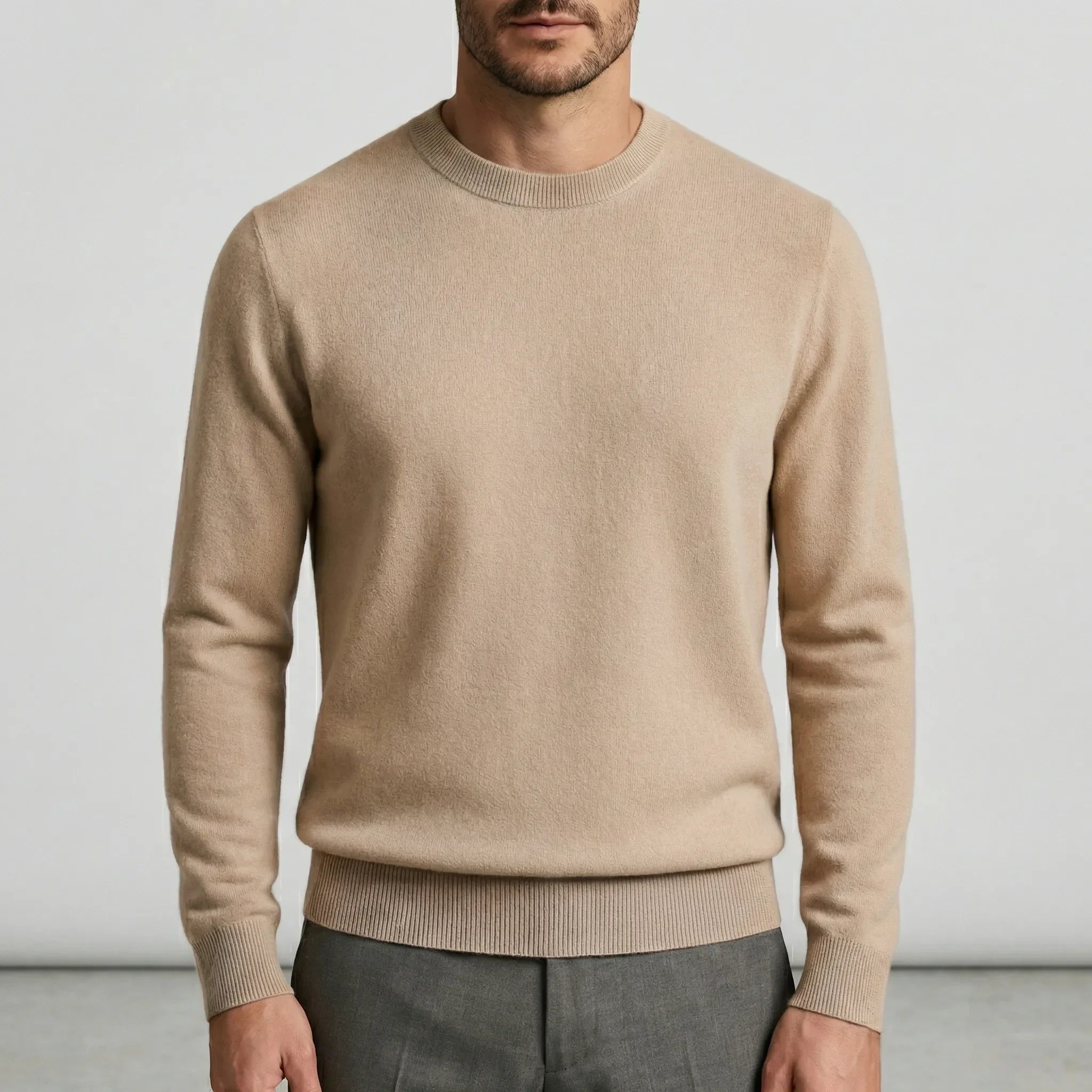 Fall sweater — Beige lightweight cashmere crewneck front view, ideal — 10 — view 10