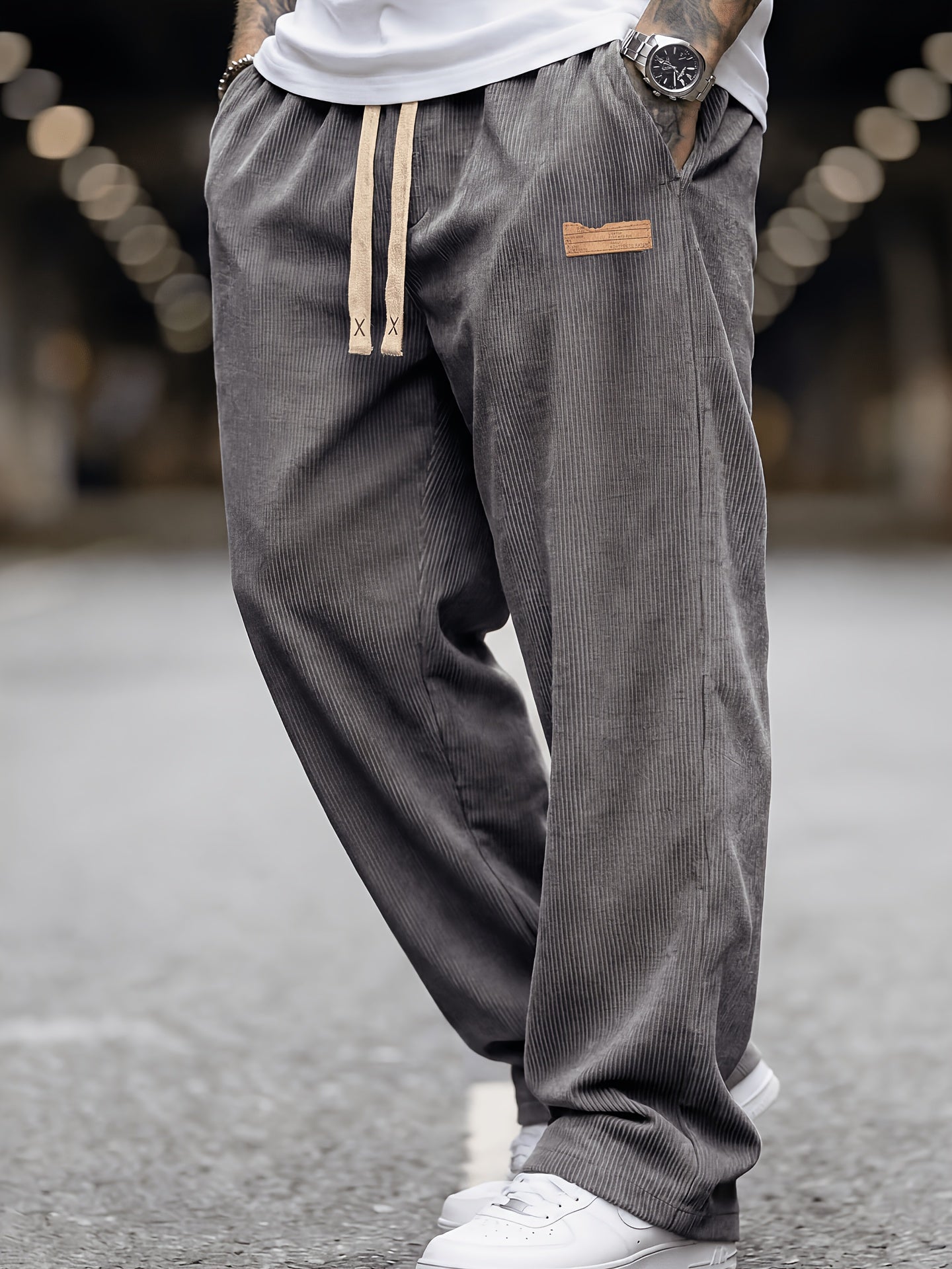 Men's Loose Corduroy Pants with Elastic Waist and Pockets