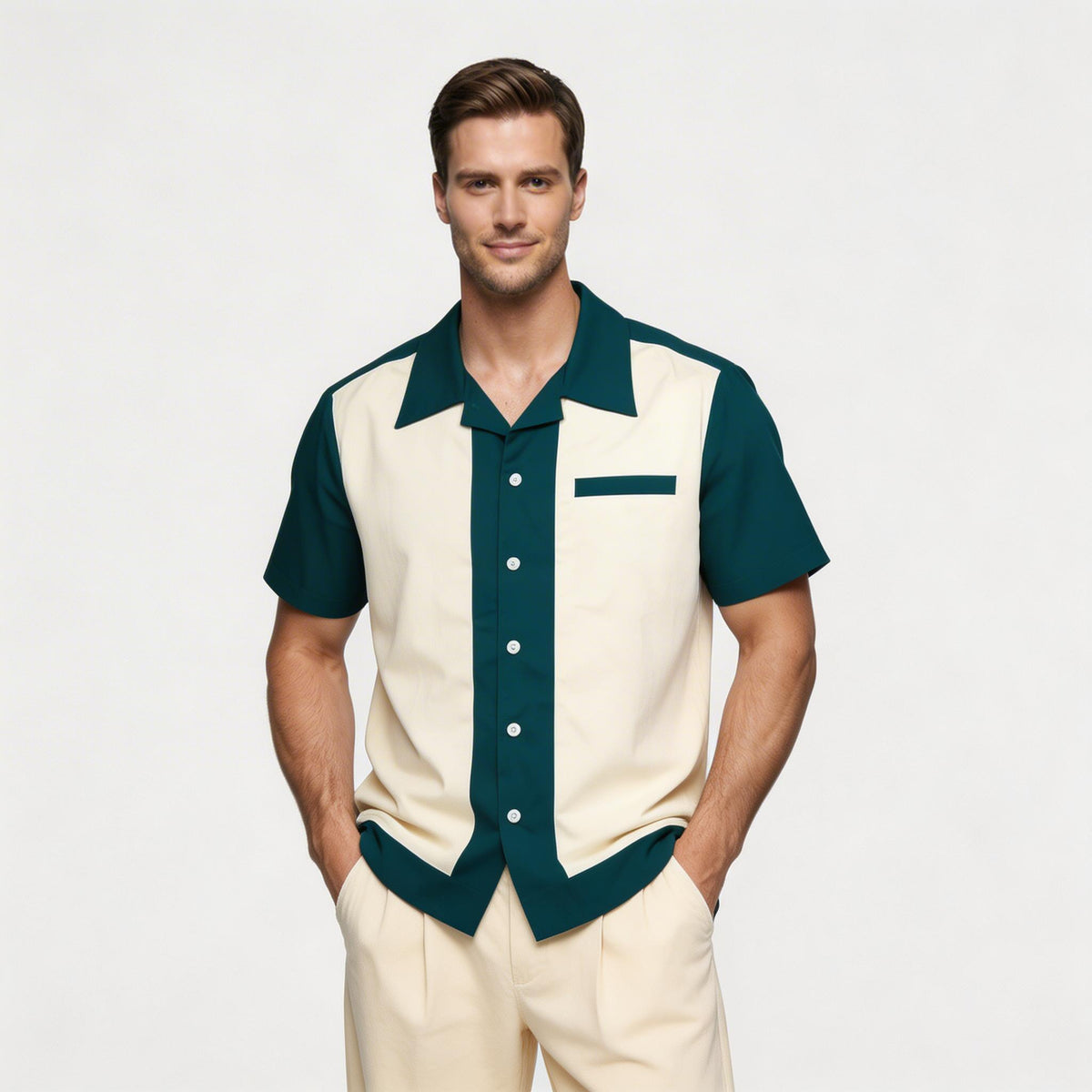 Mens Shirts Short Sleeve Button-Up Camp Collar