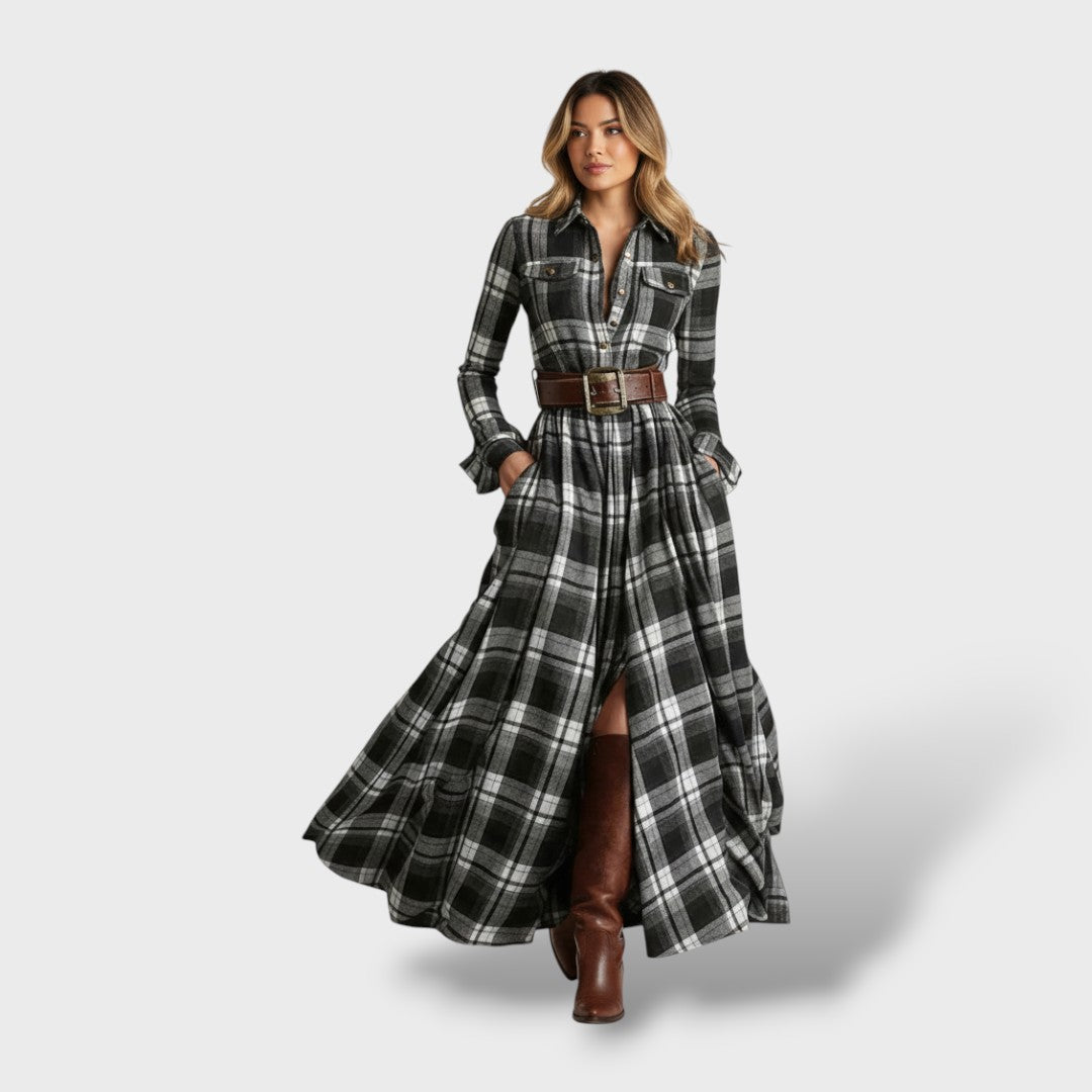 Women's Checked Shirt Dress - Long Sleeve Autumn Dress