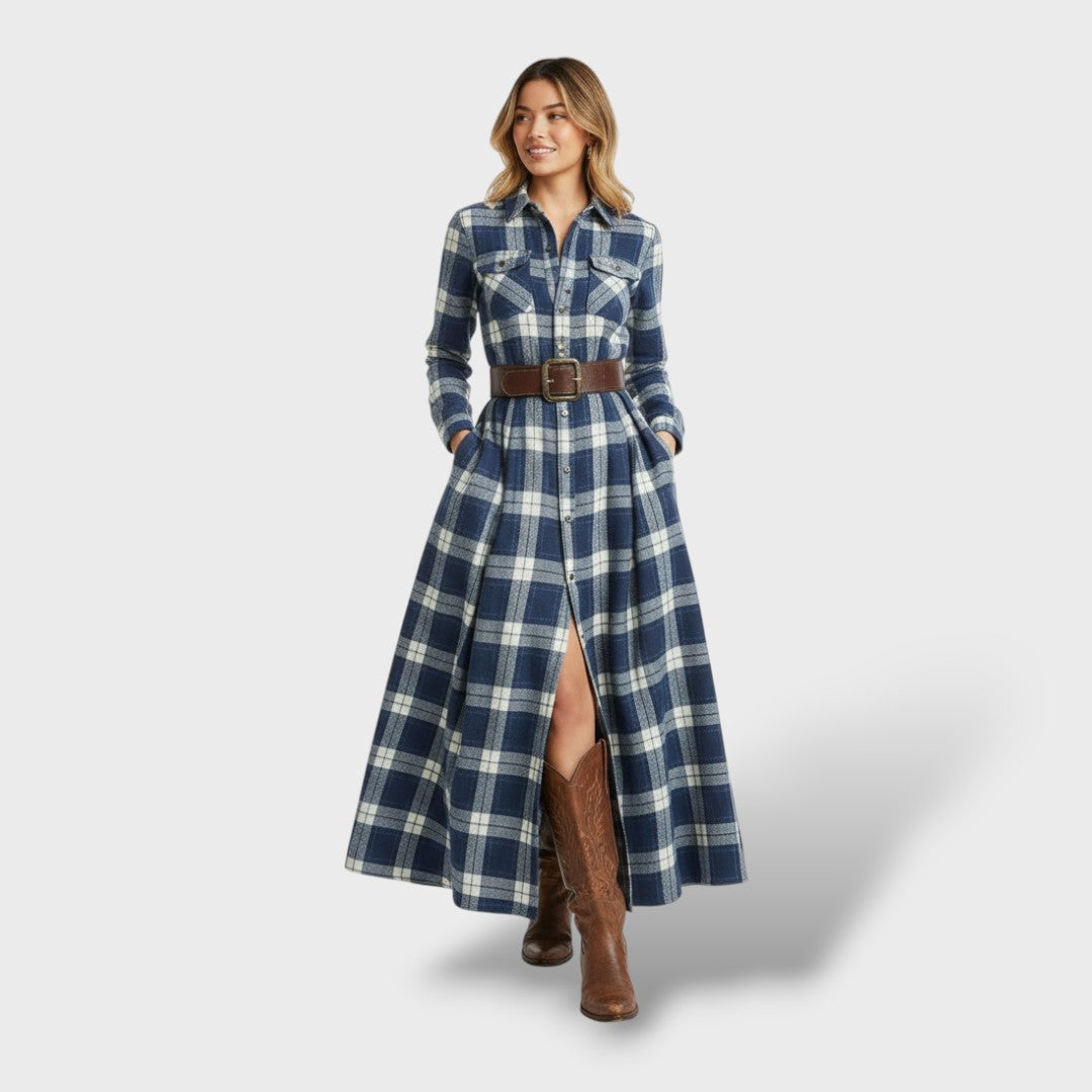 Women's Checked Shirt Dress - Long Sleeve Autumn Dress