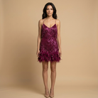 Women's Fringe Mini Dress with Feather Trim - Cocktail Party Dress