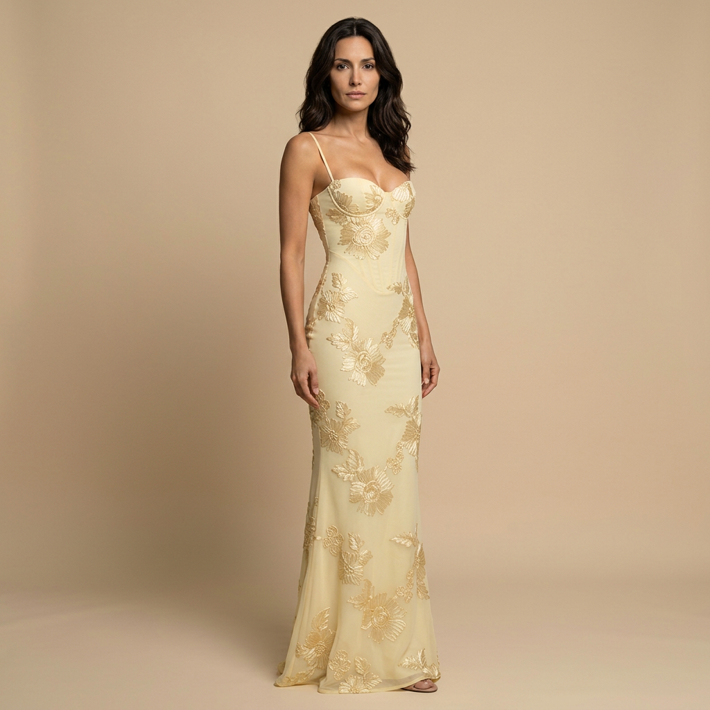 Women's Mermaid Maxi Dress with 3D Floral Appliqués on Tulle