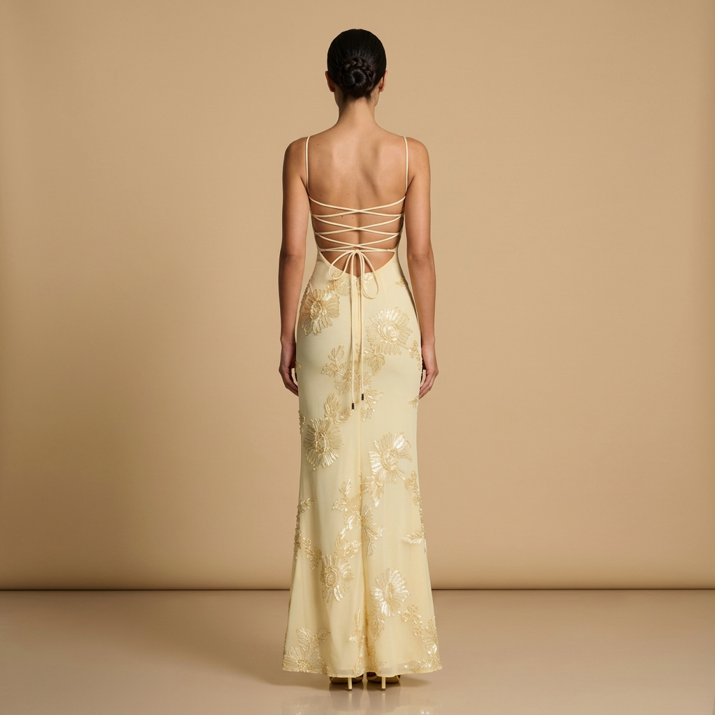 Women's Mermaid Maxi Dress with 3D Floral Appliqués on Tulle