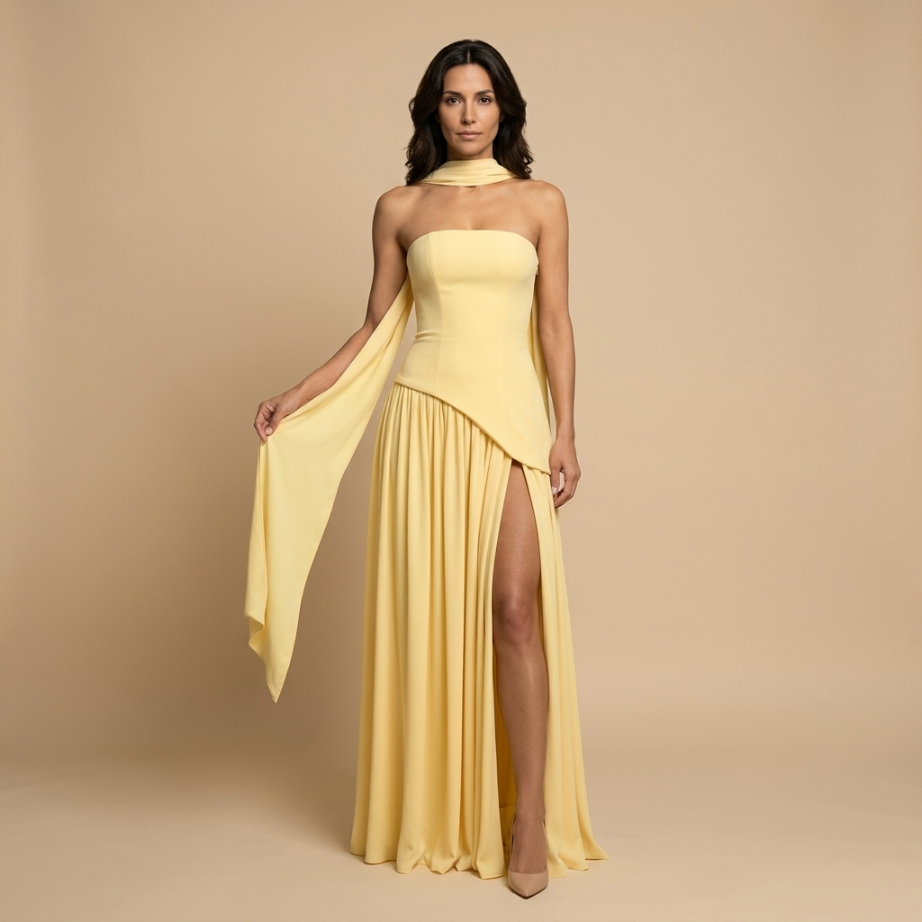 Women's Maxi Dress Bustier with Asymmetric Shawl Neckline and Front Slit