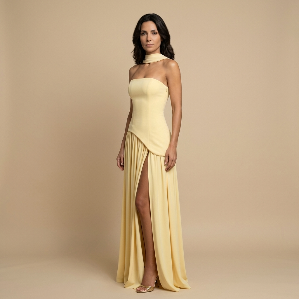 Women's Maxi Dress Bustier with Asymmetric Shawl Neckline and Front Slit