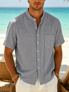 Men's Linen Shirt with Stand Collar and Short Sleeves