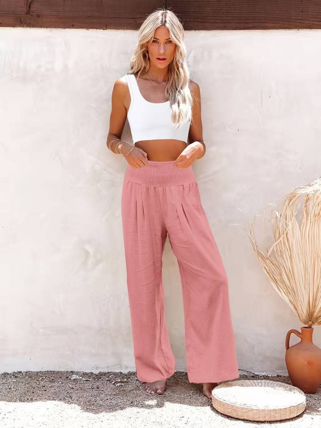 Women's Wide Leg Pants High Waist Smocked Waistband