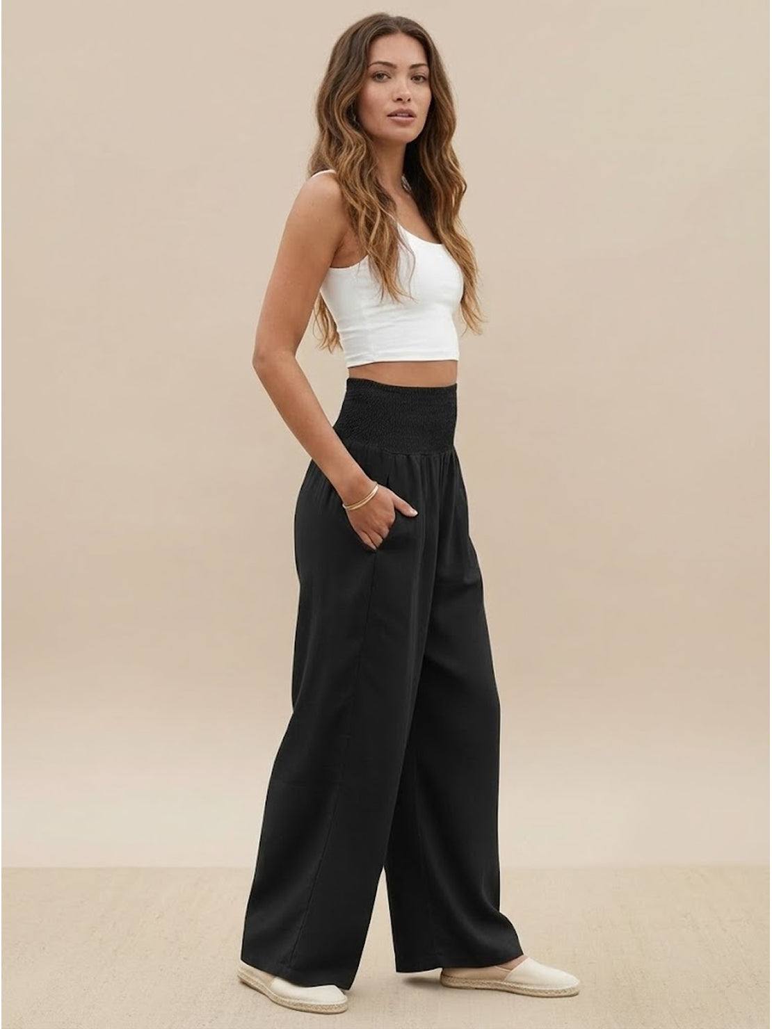 Women's Wide Leg Pants High Waist Smocked Waistband