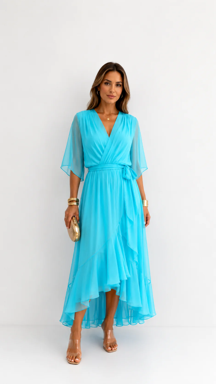 Women's Chiffon Wrap Dress with Flowing Sleeves