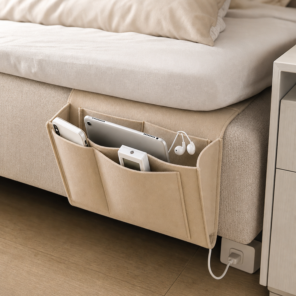 Under-Mattress Bedside Storage Caddy – Felt Hanging Organizer