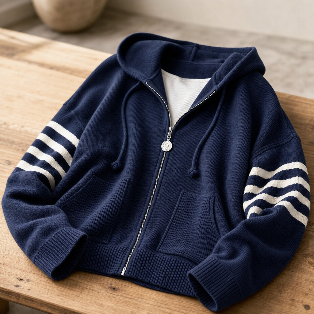 Women's Hoodies Zip Sweater Knit with Striped Sleeve Detail