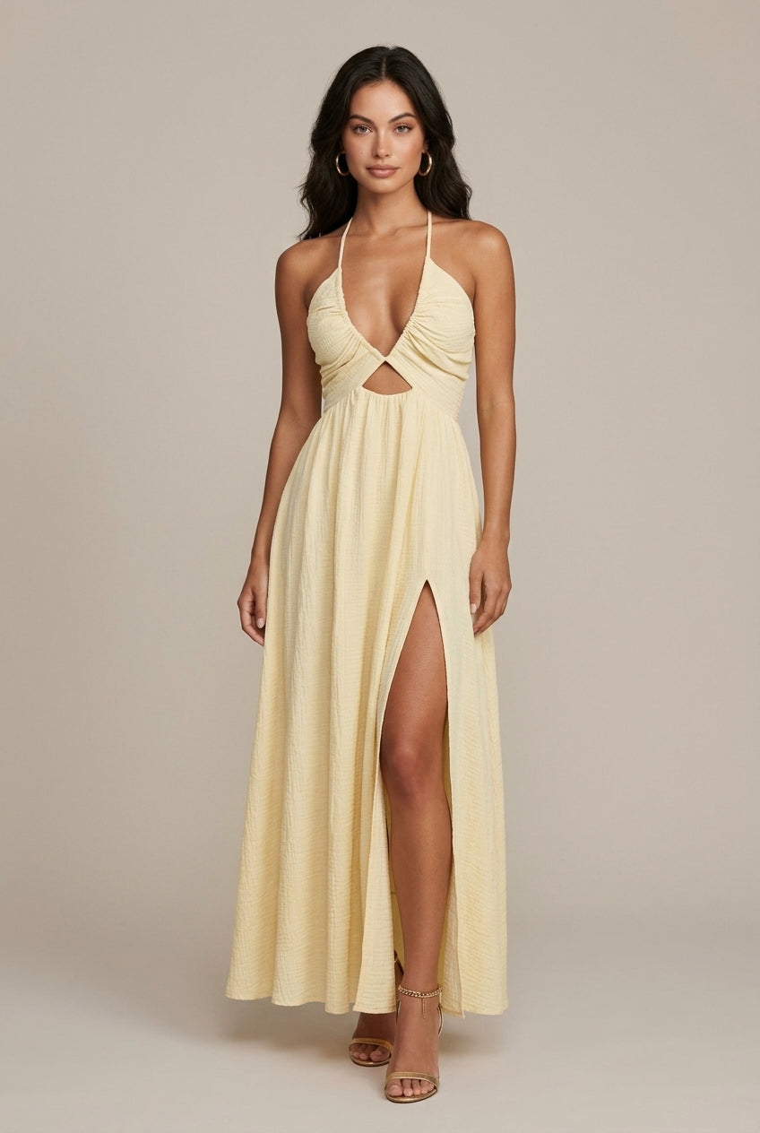 Women's Halter Cutout Midi Dress with High Slit