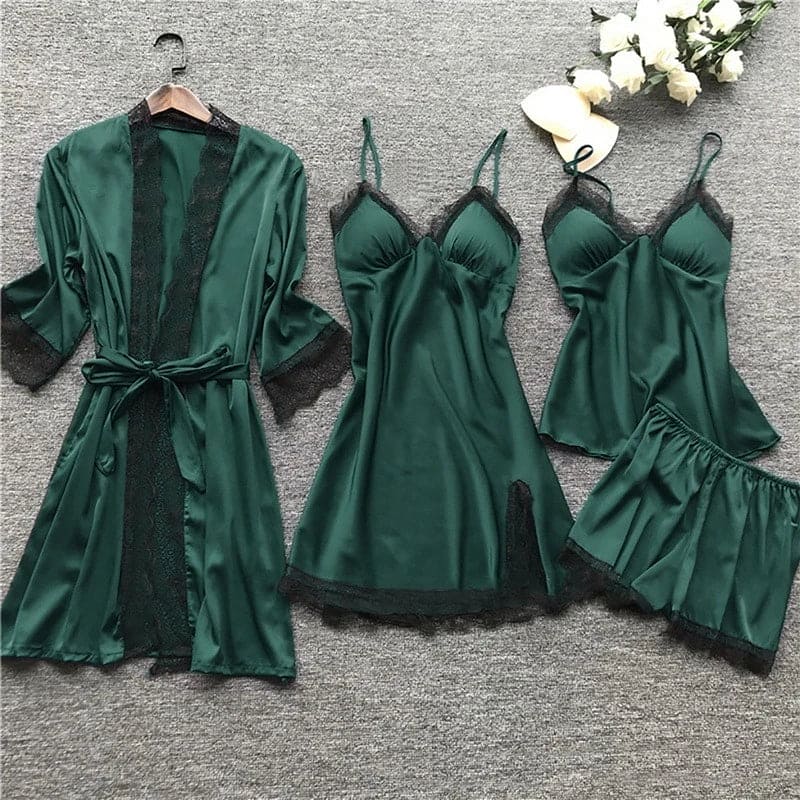 Women's Long-Sleeve Satin Pajama Set with Lace Trim