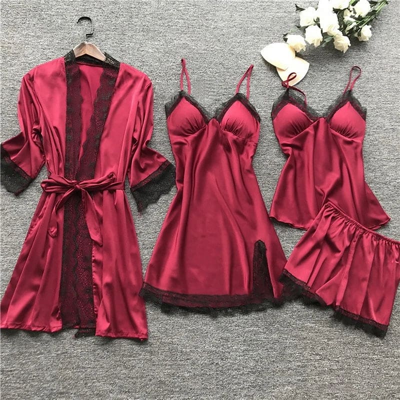 Women's Long-Sleeve Satin Pajama Set with Lace Trim