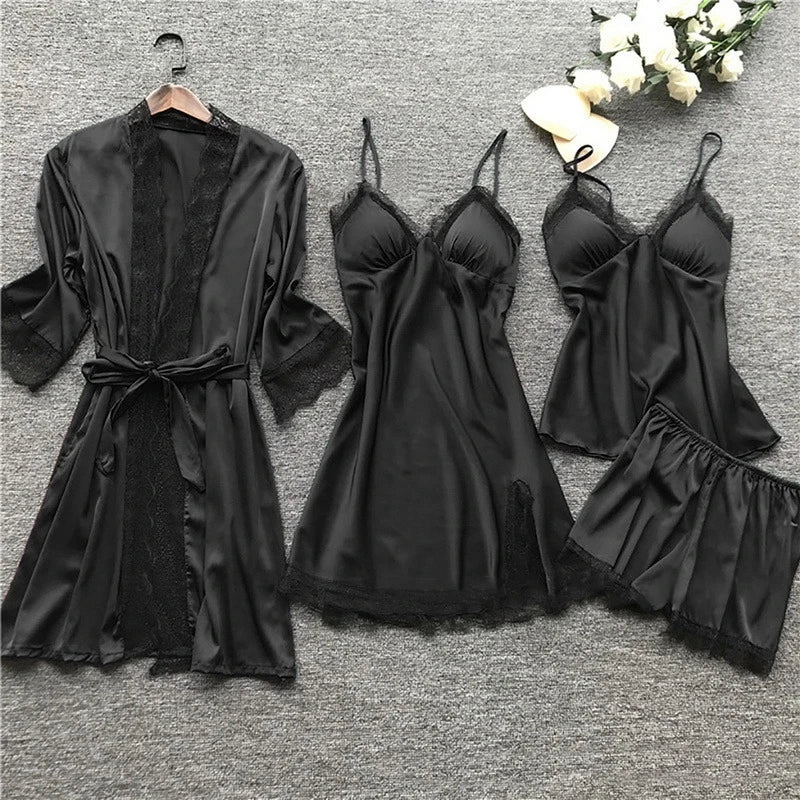 Women's Long-Sleeve Satin Pajama Set with Lace Trim