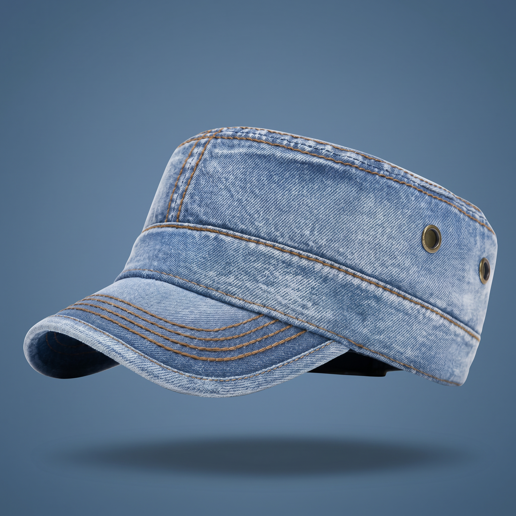 Unisex Denim Cadet Cap – Flat-Top Military Style Hat