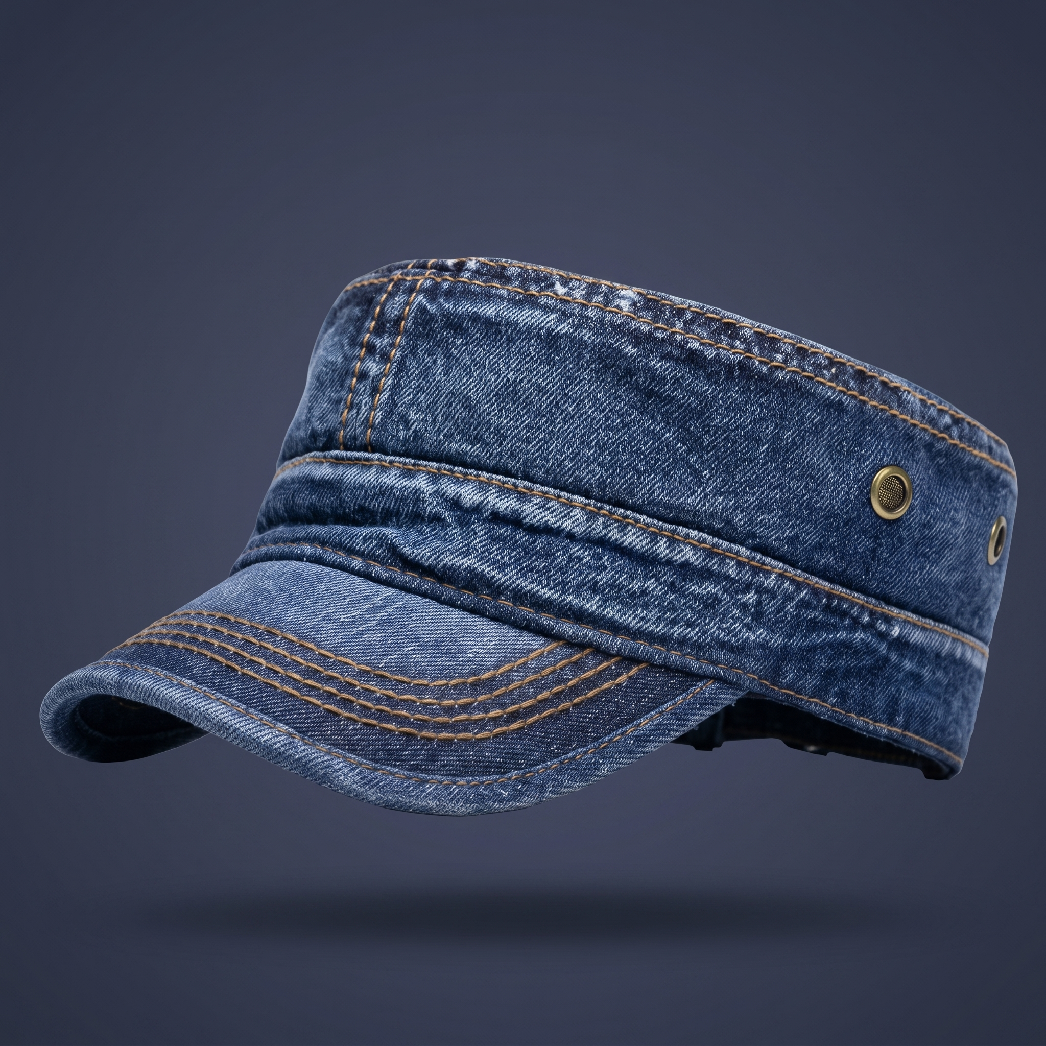 Unisex Denim Cadet Cap – Flat-Top Military Style Hat