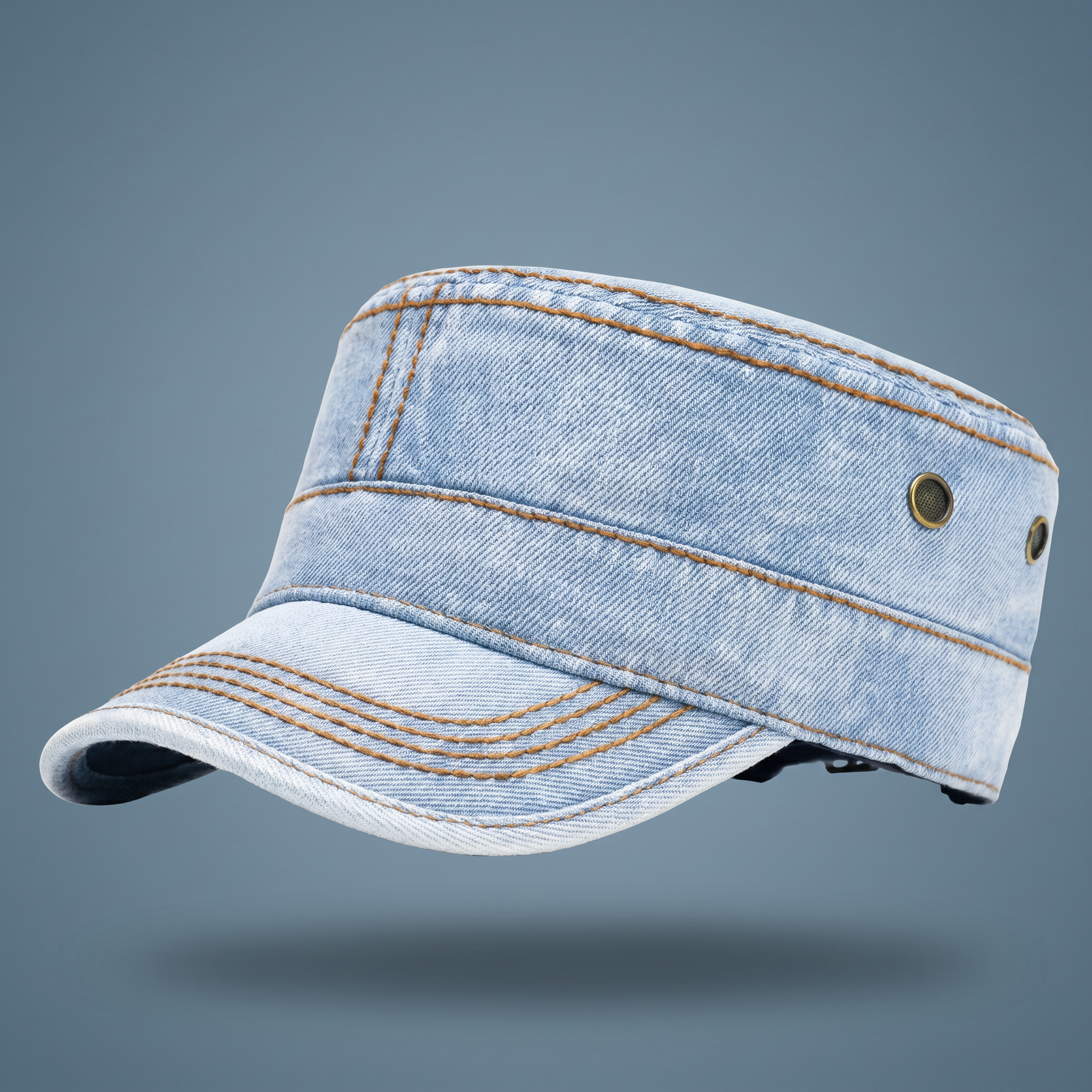 Unisex Denim Cadet Cap – Flat-Top Military Style Hat