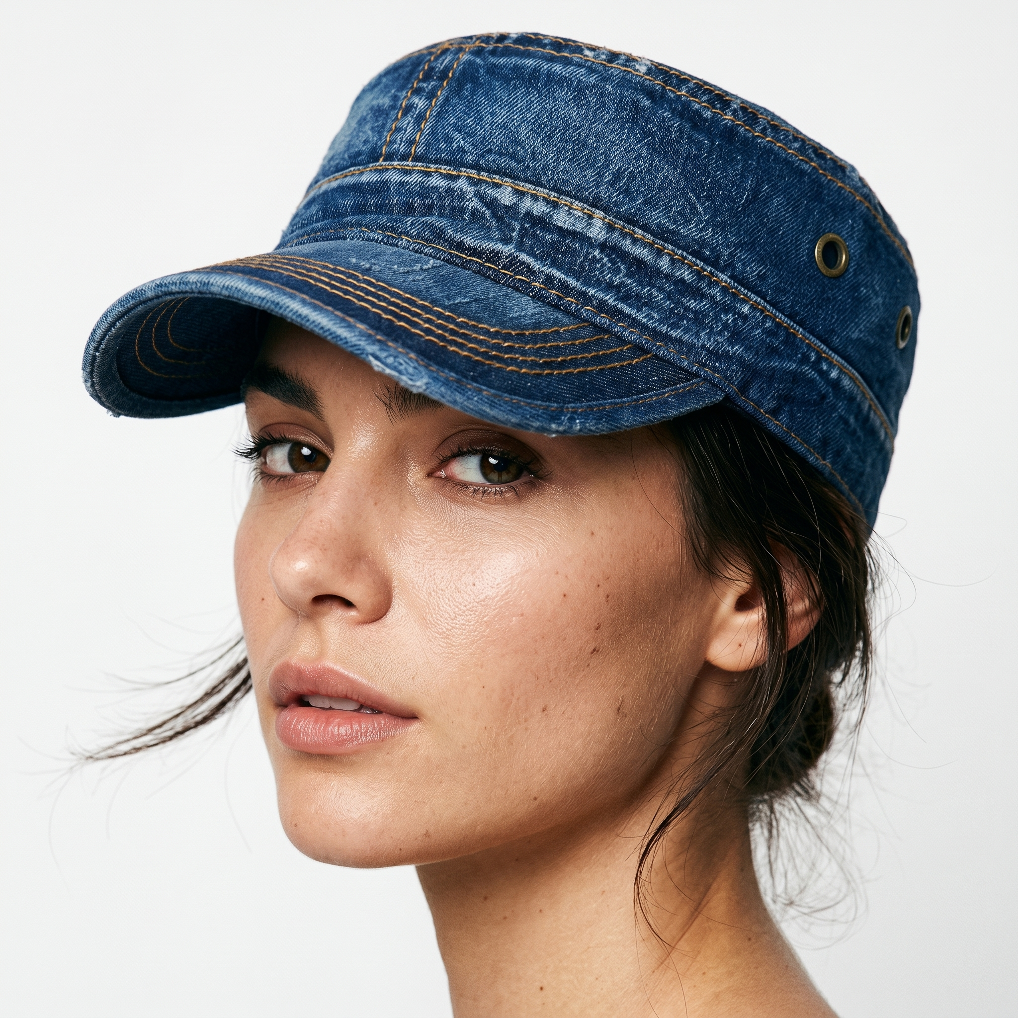 Unisex Denim Cadet Cap – Flat-Top Military Style Hat