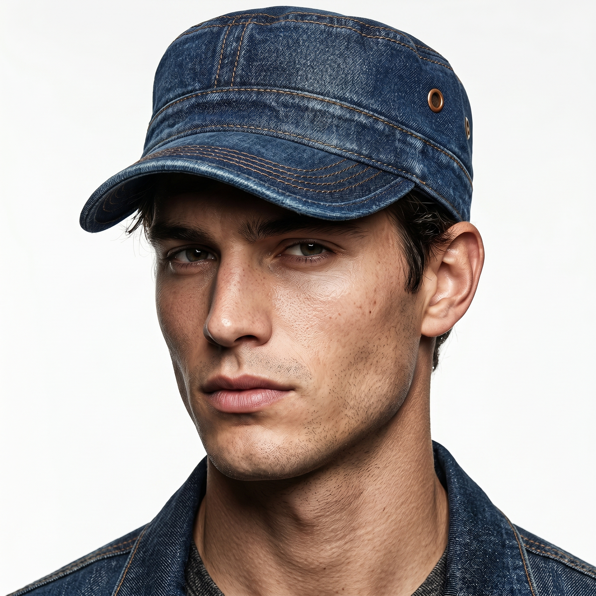 Unisex Denim Cadet Cap – Flat-Top Military Style Hat