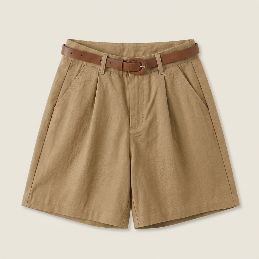 Women's Linen Shorts High-Waist Pleated with Belt