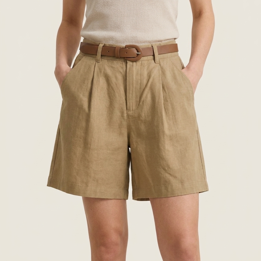 Women's Linen Shorts High-Waist Pleated with Belt