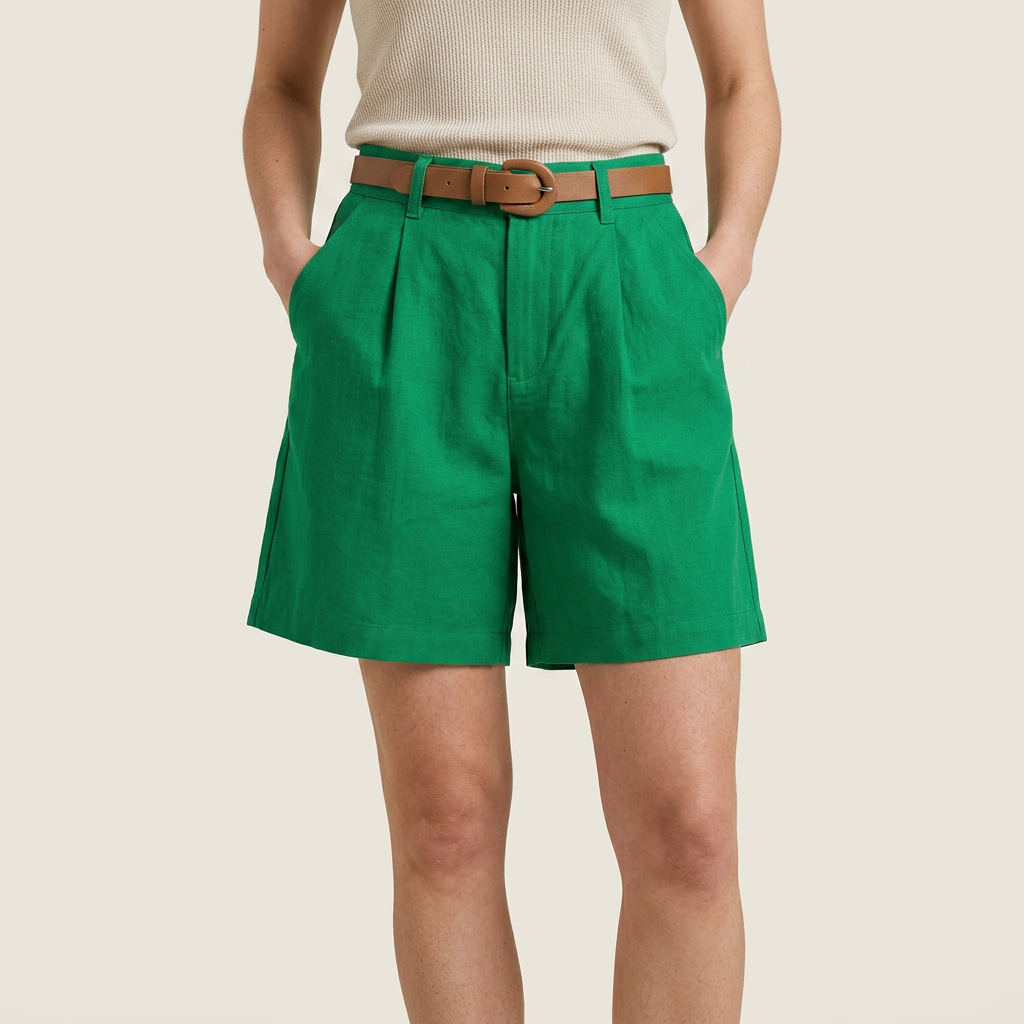 Women's Linen Shorts High-Waist Pleated with Belt