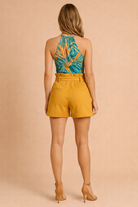Women's High Waist Shorts with Tie Belt and Button Detail