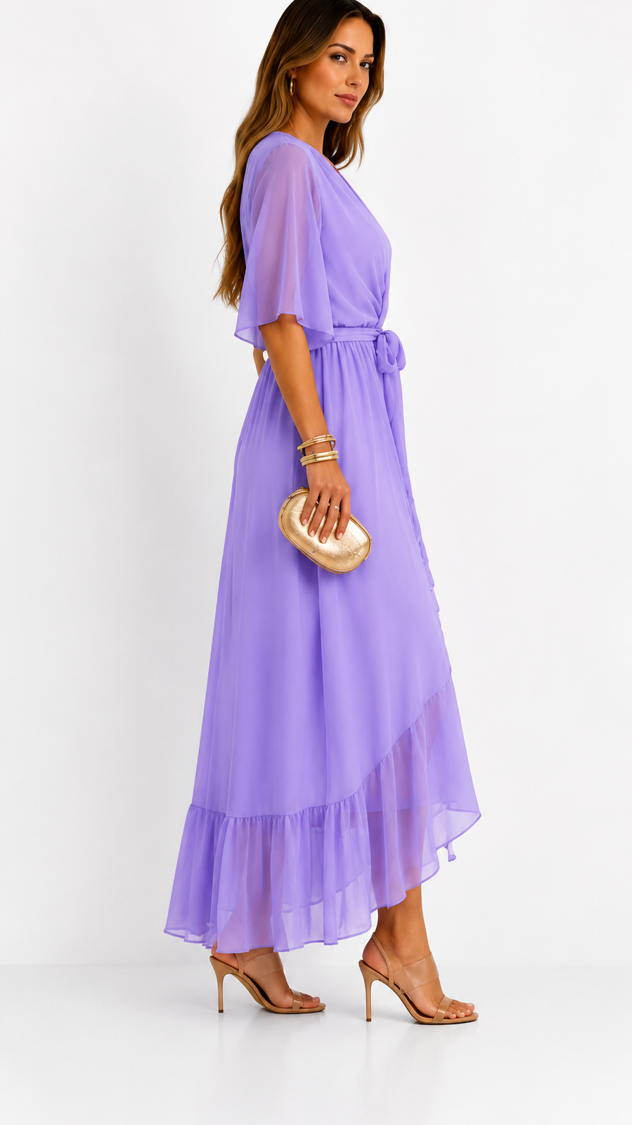 Women's Chiffon Wrap Dress with Flowing Sleeves